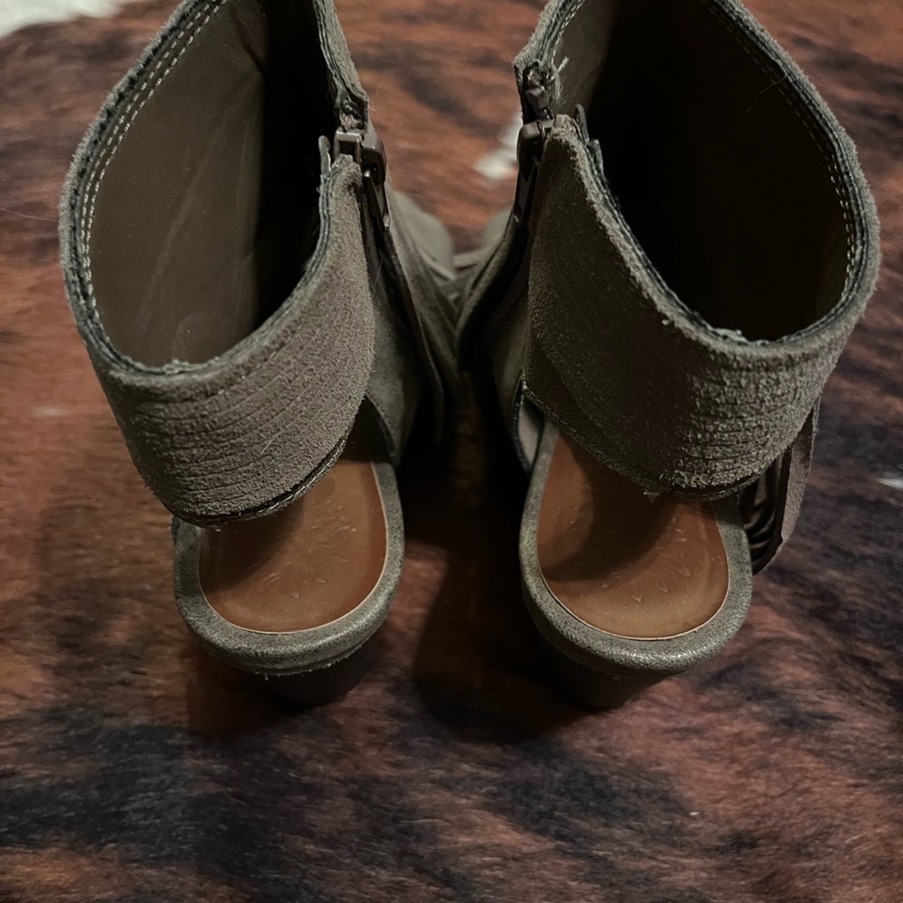 Sugar Taupe Fringed Peep-Toe Booties - Picture 3 of 5